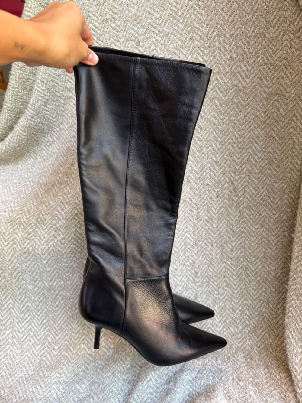 Zara Black Leather Over the Knee Pointed Stiletto Boots